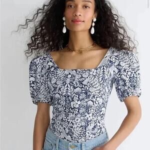 NWT J. Crew Puff-Sleeve Cotton Poplin Squareneck Top in Mermaid Floral Sz 2